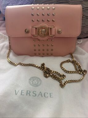 Versace Blush Pink Studded Leather Crossbody with Gold Chain
